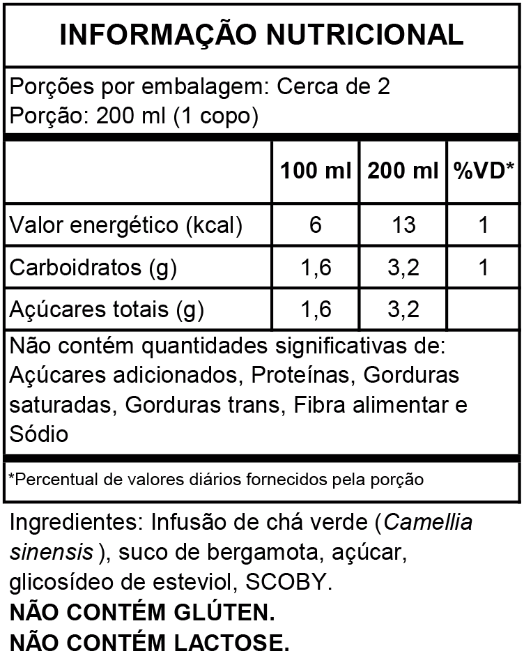 Tabela nutricional oficial da kombucha de Bergamota