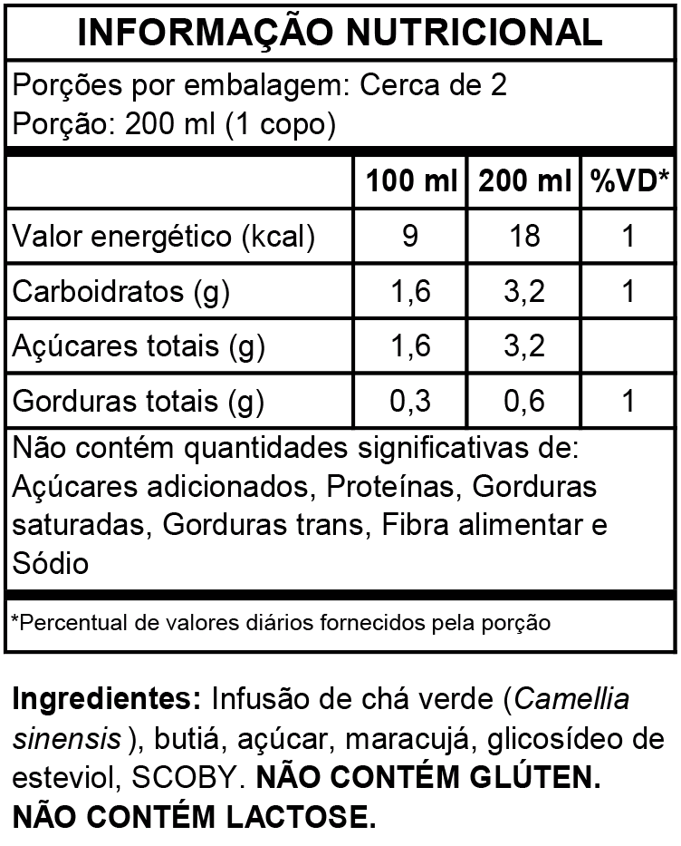Tabela nutricional oficial da kombucha de Butiá