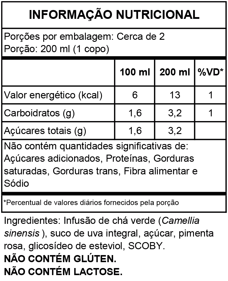 Tabela nutricional oficial da kombucha de Uva